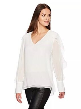 BCBG White Ruffle-Sleeve V-Neck Blouse New With Tags